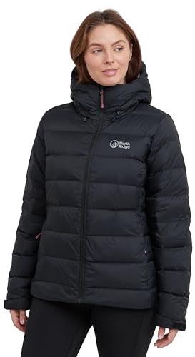 NORTH RIDGE Women's Tech Down II Jacket with Adjustable Hood & 550 Fill Power Down, Water Repellent, Durable Ripstop Fabric, Puffer Winter Coat (UK, Numeric, 10, Regular, Regular, Black)