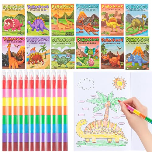 Phlognfy Set de Livres de Coloriage de Dinosaures, 12 Mini-livres Coloriage Enfants + 12 Crayons Cire Empilables (8 couleurs en 1), Cadeau Fête Dinosaure, pour Filles Garçons Dino Anniversaire Enfant