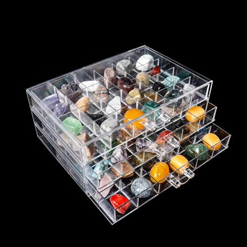 Dmnnlp Rock Vetrina in acrilico, 3 ripiani, 72 scomparti (3 x 3,5 cm), contenitore con scomparti per piccoli cristalli fossili, oggetti da collezione, pietre preziose (trasparente 3)
