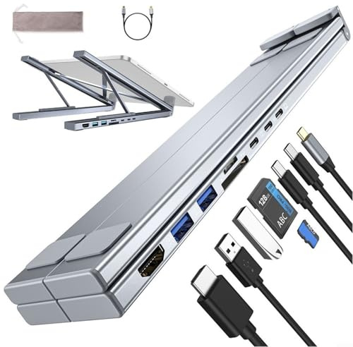 Allthingstore Estación de acoplamiento de aluminio 8 en 1 para portátil con soporte ajustable, ranuras para tarjetas SD/TF, puerto de carga rápida USB-C PD para viajes de trabajo