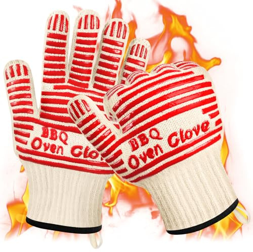 AUAUY Grillhandschuhe Hitzebeständig bis 350°C, Handschuhe mit Anti-Rutsch Silikon, Ofenhandschuhe Topfhandschuhe Kochhandschuhe Feuerfeste Handschuhe zum Backen, Grillen, Kochen, BBQ (Rot-27 cm)