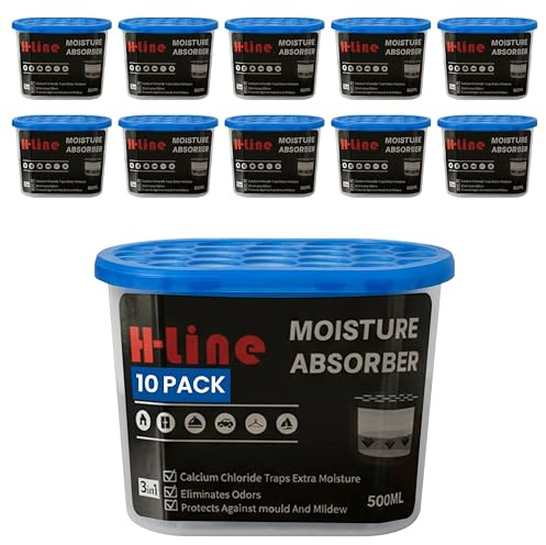 H-Line Disposable Dehumidifiers for Home 500ml, Pack of 10 Moisture Absorber for Bedroom, Mould & Damp Absorber, Condensation Absorbers, Moisture in Home, Kitchen, Wardrobe, Bedroom