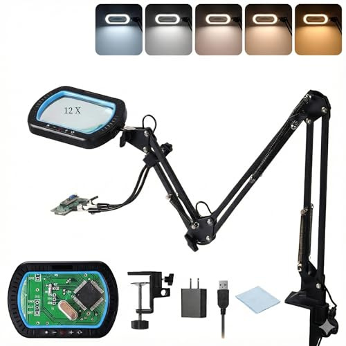 sainsmart Lente d'ingrandimento 12X con luce e morsetto, braccio ultra lungo a 3 sezioni, lente in vetro da 5,3×3,2, 5000LM, 5 temperature di colore e 10 livelli di luminosità