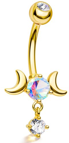 CM Crareesi Mania Dangle Belly Button Rings 14G Moon Phase Belly Piercing Jewelry AB CZ Belly Rings for Women Dangling Navel Rings Gold