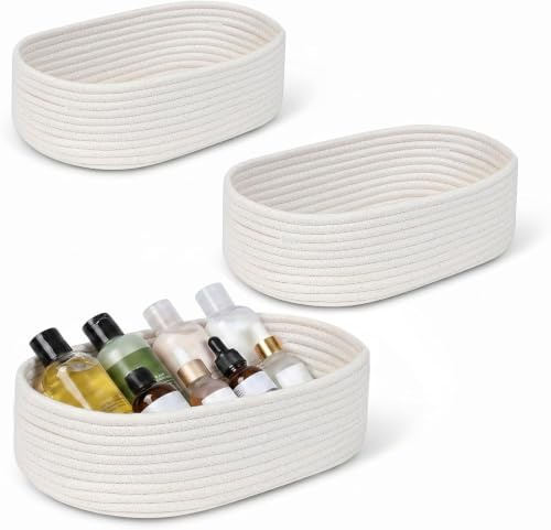 Dexpally 3 Pièces Panier Rangement Salle de Bain en Corde de Coton Tressé, Empilable, Rangement Table a Langer Bebe, Petit Panier Tressé pour Salle de Bain, Chambre, Bureau, Blanc, 3 Tailles.