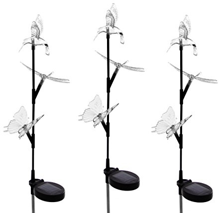 Nexos Solarlampe 3er Set mit Kolibri Schmetterling Libelle 3 LED Farbwechsel 80 cm Gartenbeleuchtung Dekoration Solar Leuchte Solarstecker KunsTSToff Edelstahl 3 Figuren