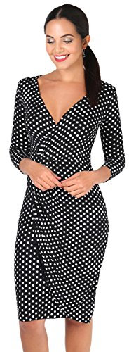 KRISP Women Polka Dot Wrap Midi Dress V-Neck 3/4 Sleeve (Black, 10), 6487-BLK-10