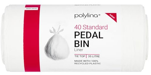 Polylina 40 Tough Durable Tie Top Pedal Bin Liners, Recycled Plastic, White, 35 Litre