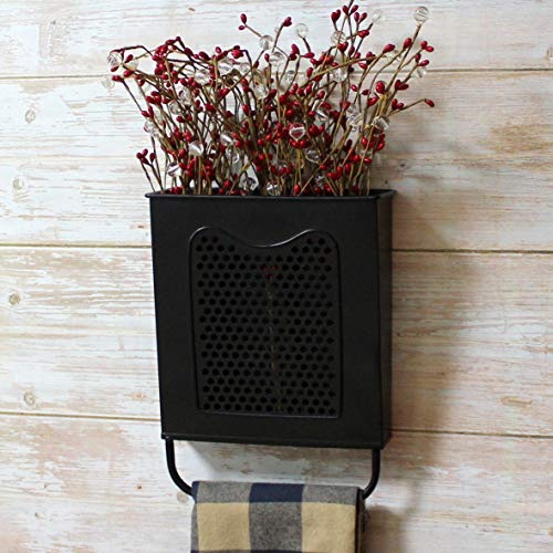CVHOMEDECO. Primitives Vintage Galvanized Tin Wall Box Metal Wall Hanging Flower Holder with Towel Bar, Wall Pocket Organizer for Home Decor.