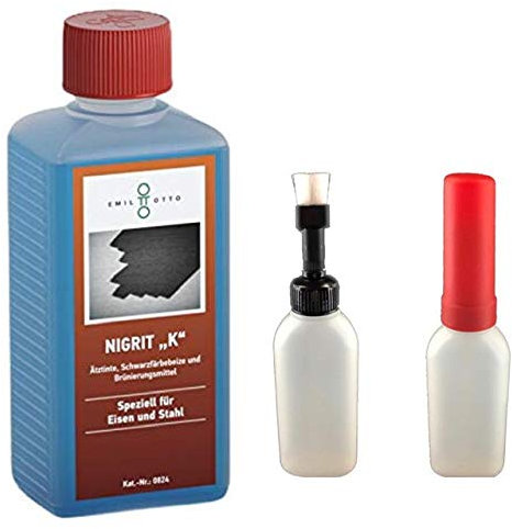 500 g Schnellbeize NIGRITK, zum Kaltbrünieren - Schwarzfärben von Eisen und Stahl + Pinselflasche mit KISI-Verschluss, 100 ml Fassungsvermögen (unbefüllt)