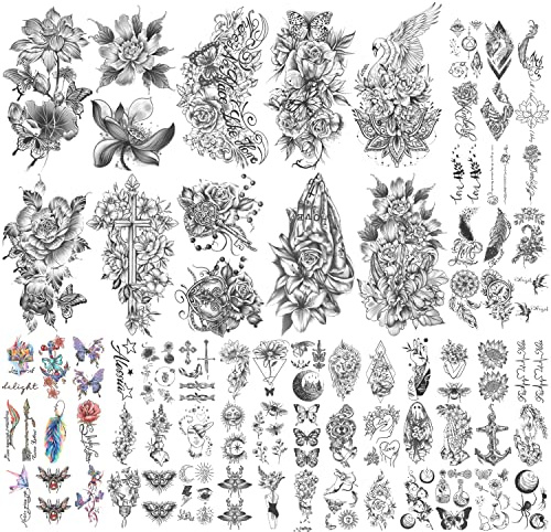 70 Sheets Temporary Tattoo Sunflower, Rose, Bird Half Arm Tattoos for Men, Realistic Temporary Tattoos Flower Butterfly Ghost, Feather, Angel Lion Small Fake Tattoo Stickers for Women or Kids