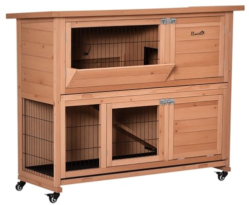 PawHut Conigliera in Legno a 2 Livelli con Ruote, Casetta per Conigli e Porcellini d'India con Vassoio Estraibile e Rampa, Arancione,122x50x101cm