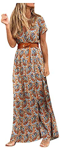 Générique Robe Été Femme Bohème Chic Vintage Col V Manches Courtes Longue Casual Imprimé Fleurie Maxi Mode De Plage Soirée