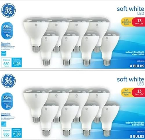 GE LED 9-Watt, 650 Lumens, (65W Equivalent) Soft White, BR30 Indoor Floodlight Bulbs, E26 Medium Base, 13-Year Life, 16pk