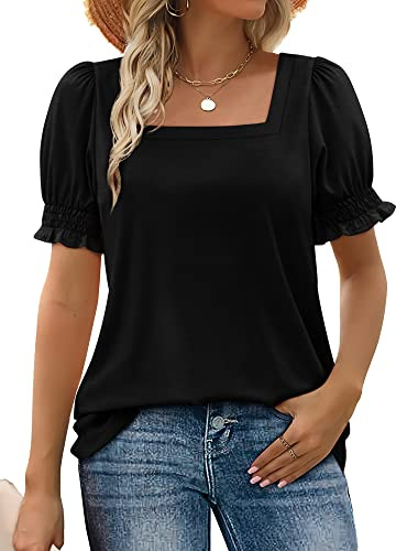 WIHOLL Womens Summer Clothing Clothes Short Sleeve Square Neck Sexy Tunic Tops Fashion Beach Vacation 2025 Black XL