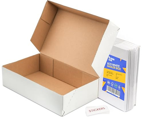 Packaging Hero 30 x 20 X 10 cm (aprox. 12 x 8 x 4) White Corrugated Cardboard Mailing Boxes, gift boxes, e-commerce box with free clear round stickers (9 pack)