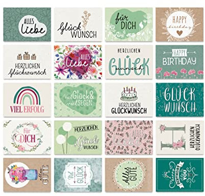 TypeStoff 20er Postkarten-Spar-Set – Glückwunsch – DIN A6, 20 verschiedene Motive mit Glückwünschen zum Geburtstag und anderen Gelegenheiten – DIN A6 – PK-01304