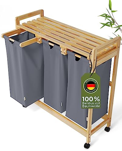 AMBIAVO® Wäschekorb 3 Fächer mit Rollen [blaugrau, 100% Baumwolle, Bambus, 90 l Volumen] | Wäschesammler für Schmutzwäsche| Wäsche Sortiersystem | Wäschesortierer Holz | Wäschebox | laundry baskets