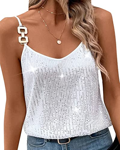 ORANDESIGNE Débardeurs Femme Brillant Métallisé Glitter Fête Strappy Gilet Casual Basique Tank Top à Paillettes Haut sans Manche Décontracté Brillante Sequins Étincelle Tops Veste C Blanc S