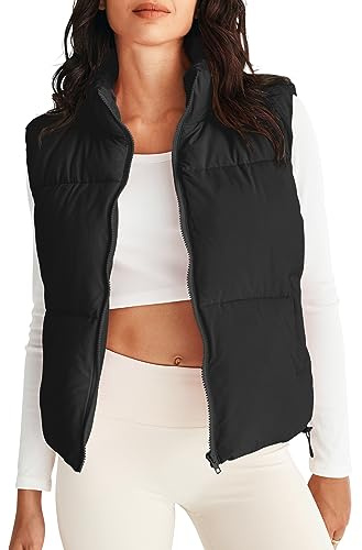 MEROKEETY Puffer Vest Women 2025 Fall Winter Sleeveless Jackets Lightweight Warm Stand Collar Quilted Zip Up Coat, Black, Small