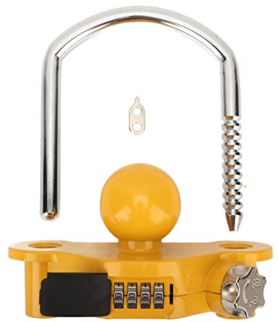 Tissting Anhängerschloss Zahlenschloss mit 4 Stellig Code, Gelb Aluminiumlegierung Anhängerkupplung Schloss Universell U-förmiges Deichselschloss für Anhänger Wohnwagen RV