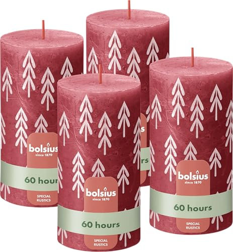 Bolsius Rustic Pillar Candles Silhouette - Red with Print - Pack of 4-13 x 7 cm - Long Burning Time - Household Candle - Includes Natural Vegan Wax - Without Palm Oil