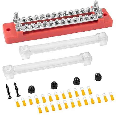 QIMEI-SHOP Bloc de Distribution D'alimentation 12V-48V DC Barres de Distribution D'énergie BusBar 150A 2 Voies avec 24 x M4 Boulons de Borne pour Voiture Bateau Rouge