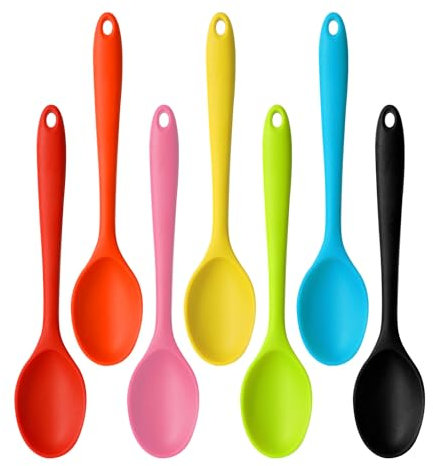 7 cucchiai in silicone in acciaio inox, set di cucchiai da cucina con manico lungo, cucchiaio da portata colorato, cucchiaio in silicone antiaderente, utensili da cucina, cucchiaio da insalata in