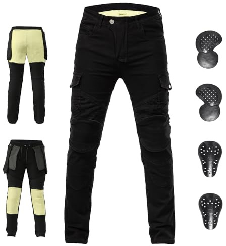 ForMTRider Pantaloni Moto con Armature CE e Lining Aramid Jeans Moto e Biker con Design Slim,Nero,XL=38W/31L