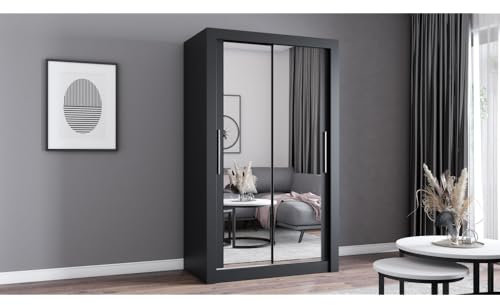 Fabryka Mebli Idźczak Kleiderschrank mit Spiegel - Schwebetürenschrank - Schlafzimmerschrank - 64 x 120 x 215 cm - Wohnzimmerschrank - Garderobenschrank - schwarzer Schrank mit Zwei Türen, modern