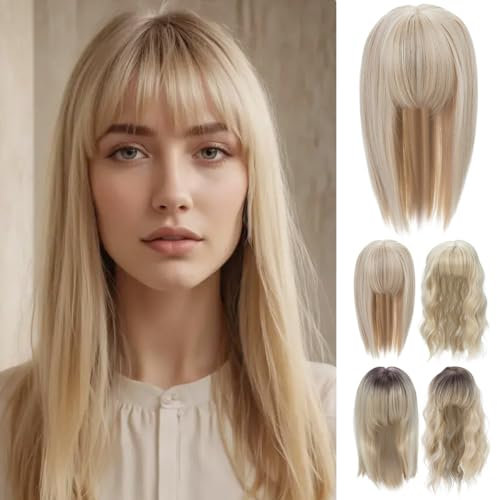 PARXITN Couvre-cheveux pour femme, postiches synthétiques, 35 cm, avec frange, postiche droite, pour cheveux fins, blond cendré, mélange blond décoloré
