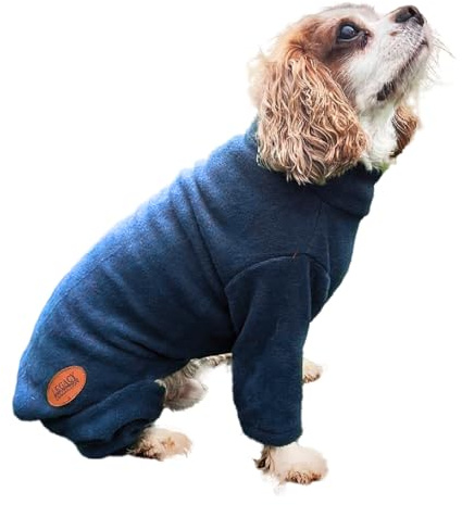 HugglePets Legacy Polar Fleece Dog Jumper (Navy Blue - Medium Long 50cm) 100% Polyester Water-Resistant Microfleece with Underbelly & Leg Protection. Full Body Warm Dog Coats.