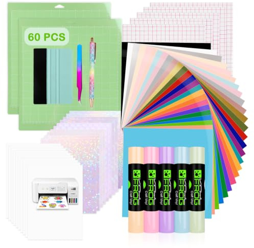 VINYL FROG 60PCS Accessories Bundle for Cricut Maker and All Explore Air | Ultimate Tools with Permanent Adhesive Vinyl, Printable Vinyl Sticker Paper, Cutting Mat, Weeding Tools, Scrape