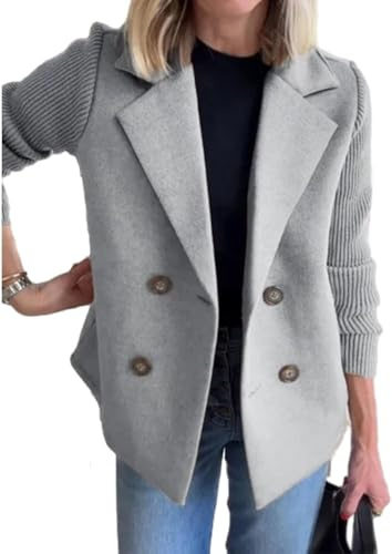 Suncadmious Giacca Casual da Donna Primaverile con Risvolto e Bottoni in Maglia con Maniche Patchwork Cravatta da Lavoro Blazer Casual in Tweed Doppiopetto (Grigio,XL)