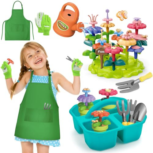 deAO Jouet de Jardin Fleuri pour Filles de 3 Ans+, Outils de Jardinage pour Enfants, Jouet de Pot de Fleurs DIY avec Boîte de Rangement, Pots de Fleurs, Outils de Jardinage, Arrosoir et Tablier, Vert