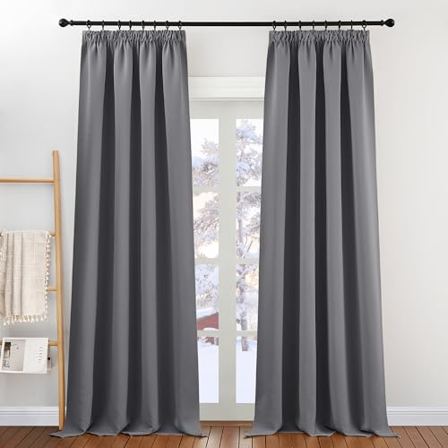 PONY DANCE Blackout Pencil Pleat Curtains, Grey, W52 x L90 Inch, 2 Panels | Thermal Insulated Curtains with Noise Reducing & Privacy, Luxury Soft Window Treatment for Bedroom & Living Room