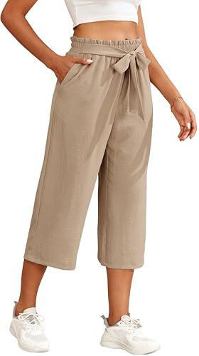 WUWUSKY Pantacourt Large Femme Taille Haute Pantalon Capri D'été Jambes Larges Fluide Élégant Décontracté avec Poches Profondes Ample Léger Respirant, Kaki, XXL