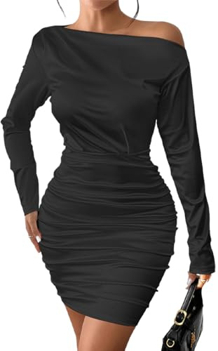 Vestido Mujer Sexy Asimétrico Un Hombro Mini Vestidos Elegante Ajustado Manga Larga Vestido Corto Plisado Bodycon Wrap Vestidos de Fiesta Cóctel Noche Clubwear Otoño Invierno