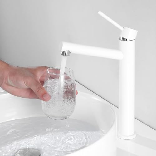 Tondiy Rubinetto Lavabo Alto Bianco, Angolo di Uscita Dell'acqua Umanizzato, Miscelatore Monocomando da Appoggio per Bagno, Acciaio Inox 304, Acqua Calda e Fredda, Aeratore Rimovibile