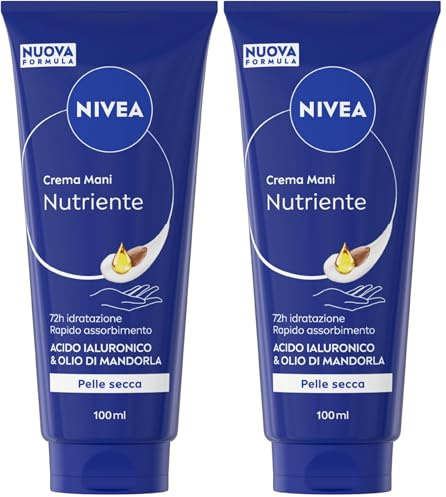 NIVEA Crema Mani Nutriente 100 ml, Crema mani riparatrice e idratante 72h, Hand cream profumata con Acido Ialuronico e Olio di Mandorla, Assorbimento rapido, Pelle secca e screpolata (Confezione da 2)
