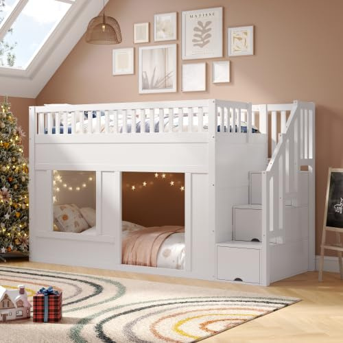 3ft Single High Sleeper Bunk Bed for Kids, Solid Pine Wood Loft Bed Frame with Storage Stairs, Children's Bed Storage Beds with Safety Guardrails & Slatted Frame, Convertible Play Area Below, White