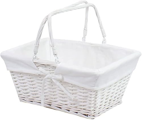 Vintage Decor Traditional Split Willow Shopping Basket with Folding Handles & Cotton Liner Storage Wicker Hampers Gift Basket Bathroom 40cm W x 30cm D x 20cm H