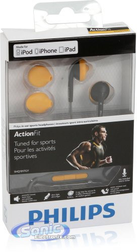 Philips SHQ1017GY Auriculares de deporte Sports in-Ear auriculares con micrófono para iPhone/iPod - bolsa de viaje abultaban con, Accessory carcasa rígida y resistente al sudor tapón antipolvo para conector de auriculares de 3 tamaños para mayor ajuste - naranja/gris