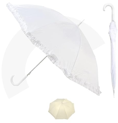 Jollybrolly White Wedding Umbrella – Vintage Style Wedding Umbrellas with Frill, Large, Long Handle, Waterproof, Sun Protection, White Summer Wedding Umbrella