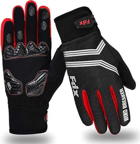 FDX Guantes de Ciclismo de Invierno Dedo Completo, Transpirables, repelentes al Agua, Cortaviento, con Gel, Pantalla táctil, Antideslizantes y cálidos – Ideales para MTB, Carretera y Running (Red, M)