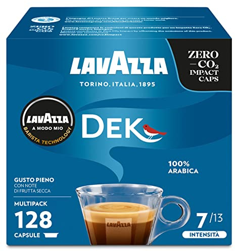 Lavazza A Modo Mio Dek Cremoso, 128 Capsule Caffè, per un Espresso Decaffeinato con Note di Mandorle e Canditi, 100% Arabica, Intensità 7/13, Tostatura Media, 8 Confezioni x 16 Capsule