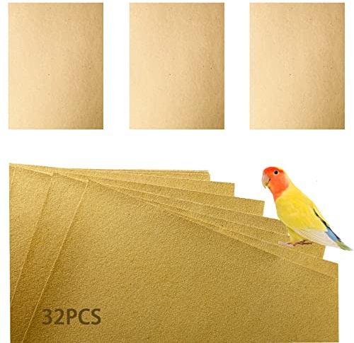 Hamiledyi Bird Gravel Paper, Special Sea Sand Liner for Page, Parrot Cage Gravel Paper Mat, 17x11 Inch Disposable Cushion Pads for Bird Parakeet Budgie 32PCS