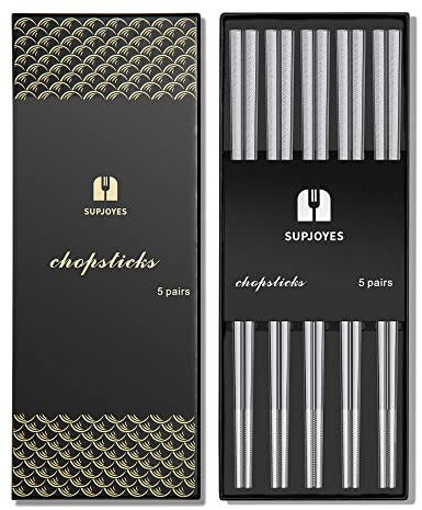 SUPJOYES 5 Paar Edelstahl Essstäbchen, Wiederverwendbare Essstäbchen, Spülmaschinenfeste Metall Essstäbchen, Japanische Stäbchen Geschenkset, Welle