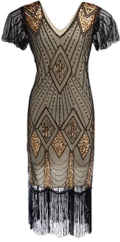 xxxiticat 1920-talet vintageklänning för kvinnor, fransklänning, Gatsby, paljetter, tofsar, fåll, cocktailklänning, balklänning, aftonklänning, festkostym, klänning, gyllene, M