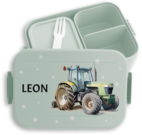Bento Box Midi Lunchbox für Mepal Bentobox - Trecker Traktor Kinder Schlepper Bulldog - 900 ml - Sage Grün - brotdose kita traktoren geschenke name snackbox kinderbrotdosen kindergarten